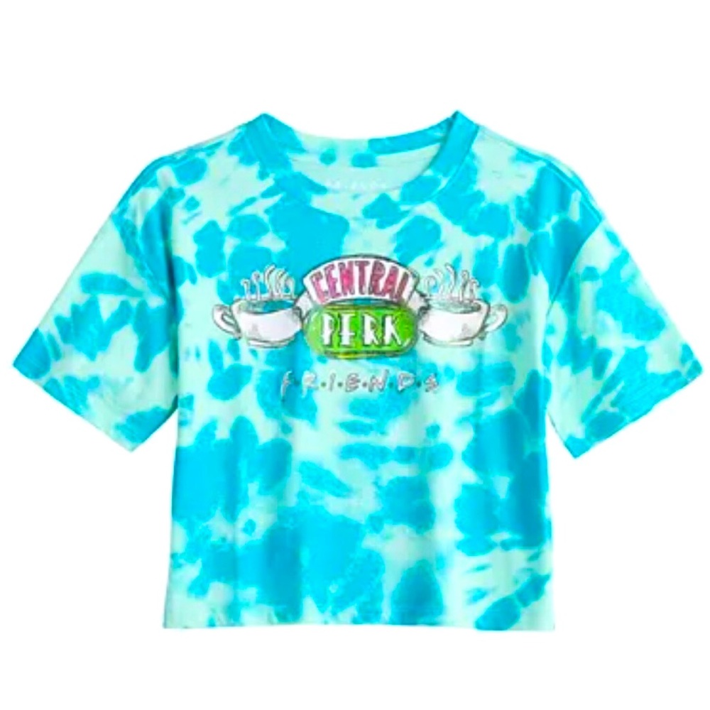 New FRIENDS Tie Dye Baby Tee Central Perk Graphic T-shirt Sz XS Turquoise